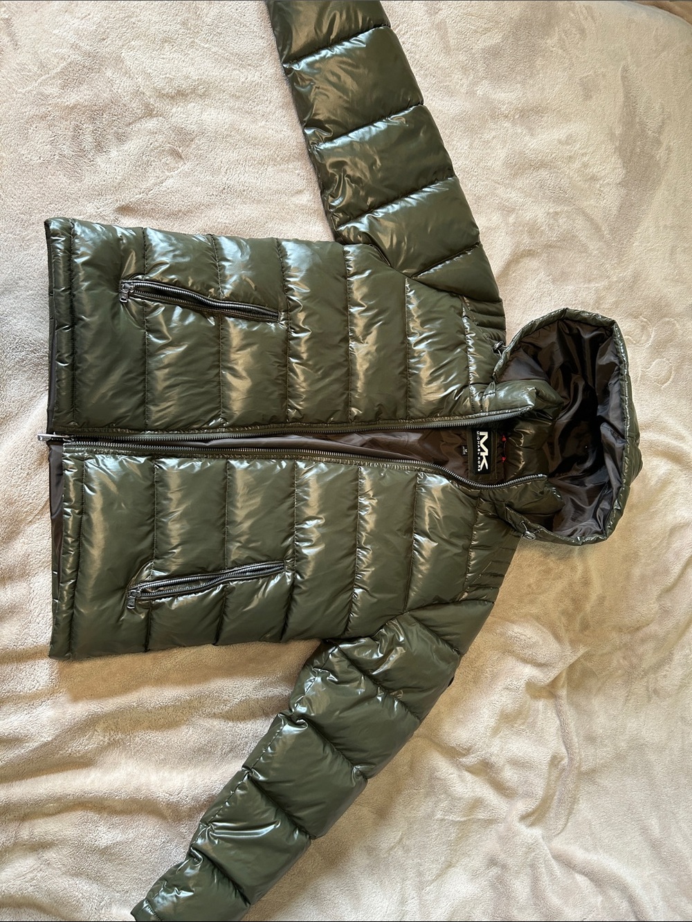 Michael Kors MK Glossy Puffer Jacket Army Green Hooded Sample NWT Size M